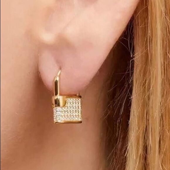 Gold CZ Padlock Hoop Earrings Unique Huggies - Picture 4 of 6